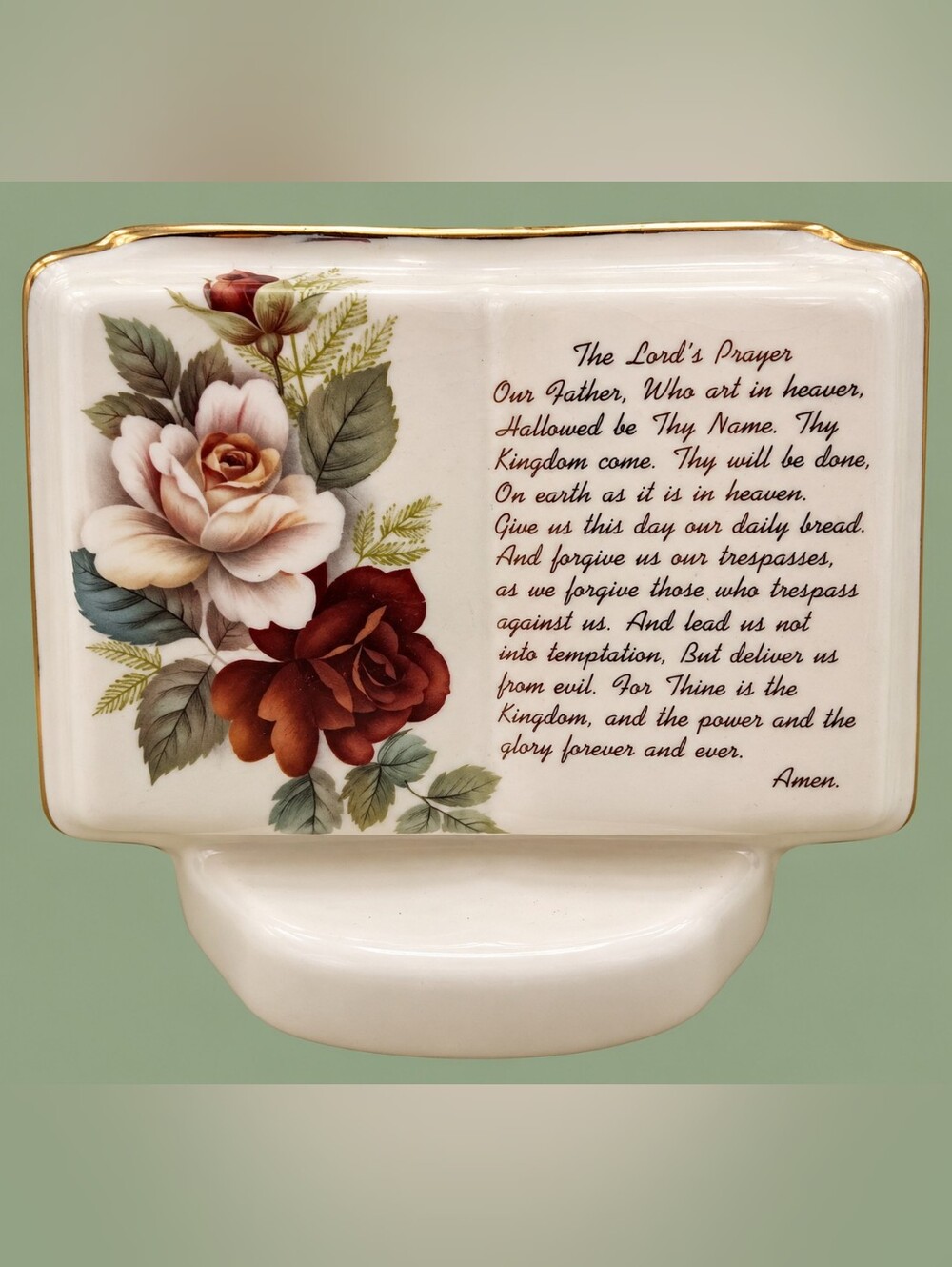 Lord's Prayer Ceramic Vase Planter Roses Gold Trim Christian Memorial